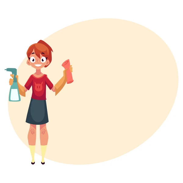 Adolescente ajudando a limpar a casa, lavando pisos com esfregona — Vetor de Stock