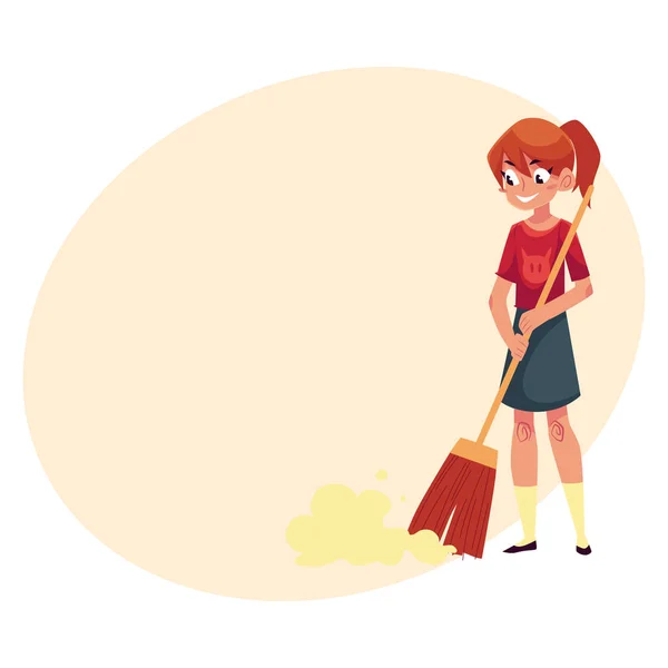 Adolescente ajudando a limpar a casa, varrendo o chão com vassoura —  Vetores de Stock