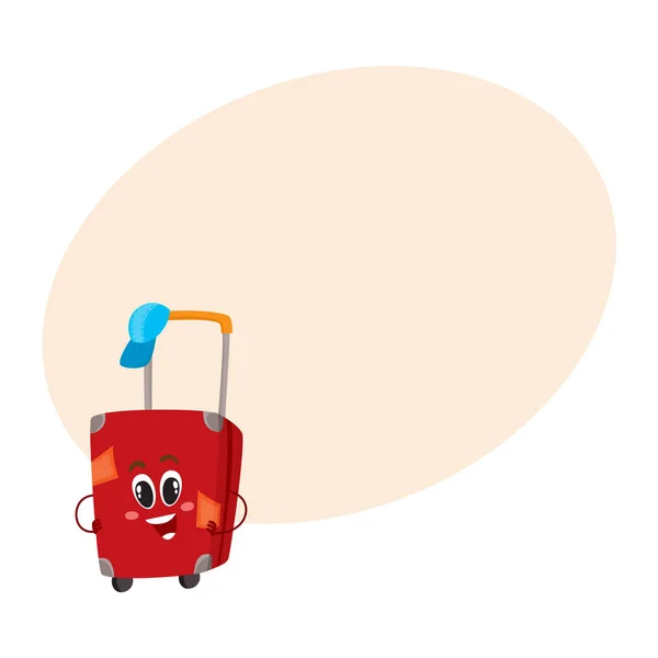 Большой красный чемодан с множеством ярлыков, концепция путешествий — стоковый вектор