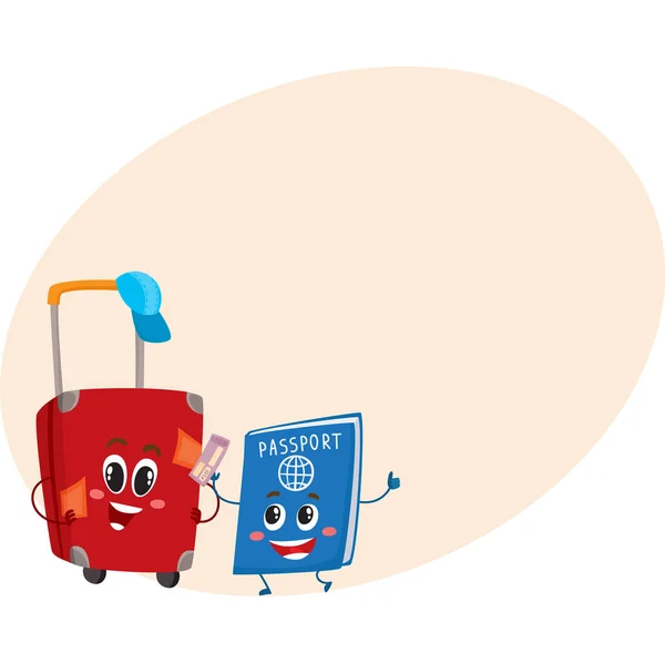 Suitcase and passport characters, travelling, vacation concept — Stock Vector