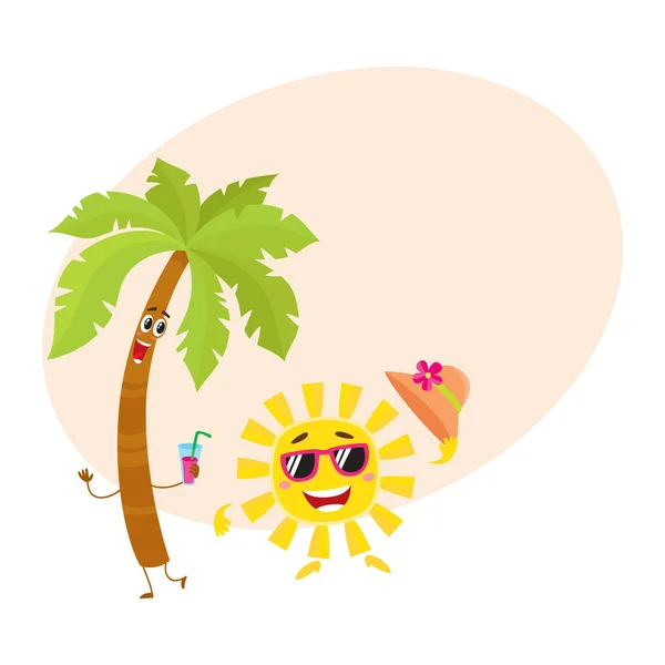 Personajes divertidos de palmera y sol, viajando, símbolo de vacaciones de verano — Vector de stock