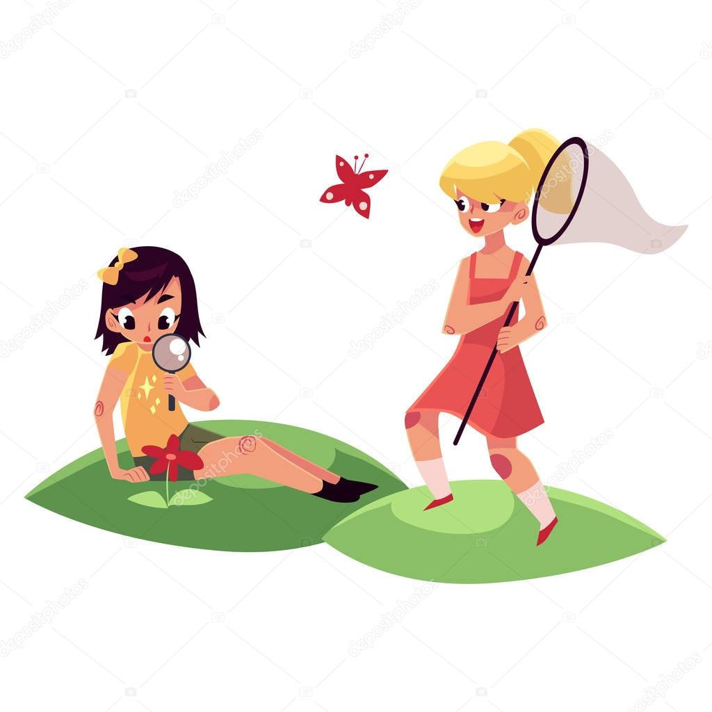 Two girls having fun in summer, catching butterflies, studying flowers