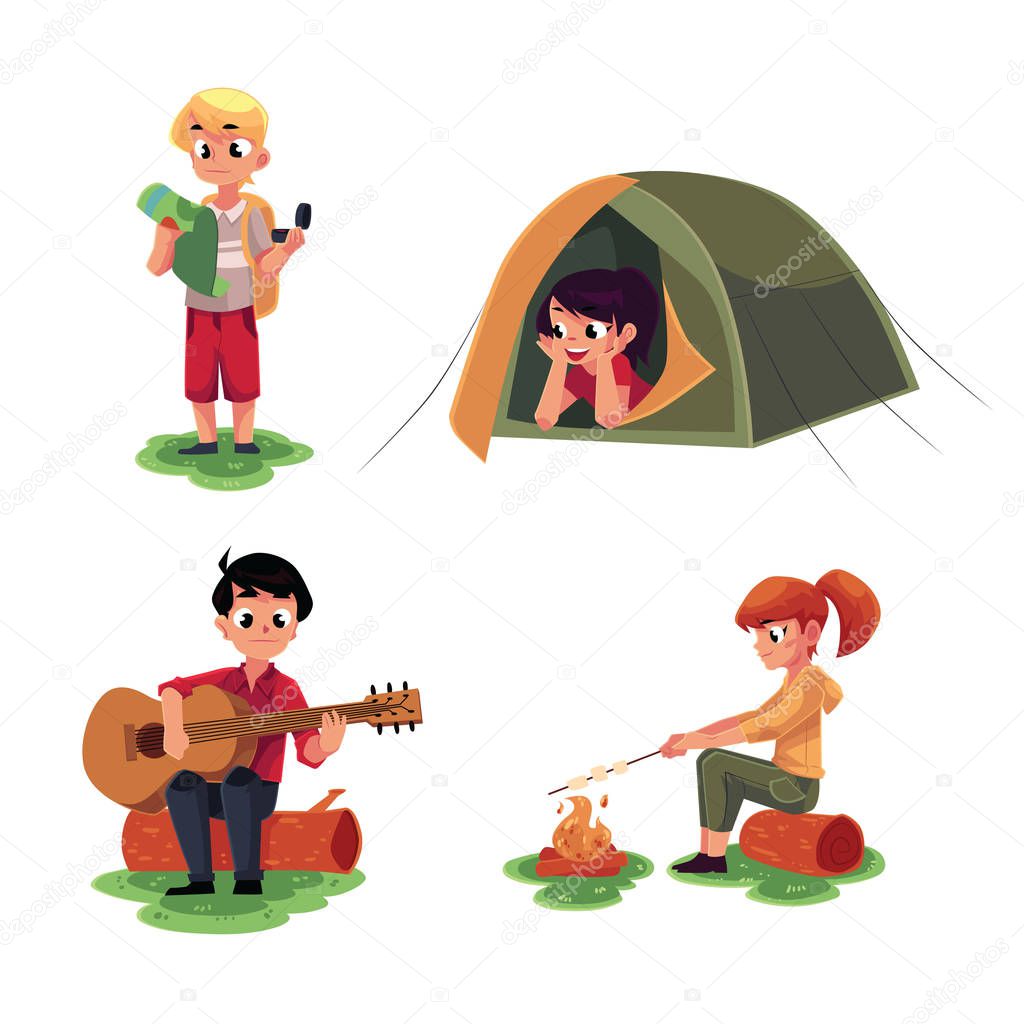 Kids studying map, in camping tent, playing guitar, frying marshmallow