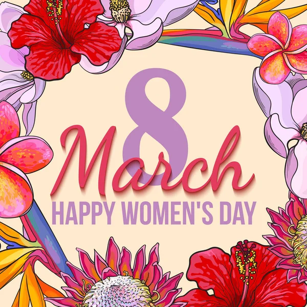 8 de marzo, feliz día de las mujeres, tarjeta de felicitación colorida con flores — Vector de stock