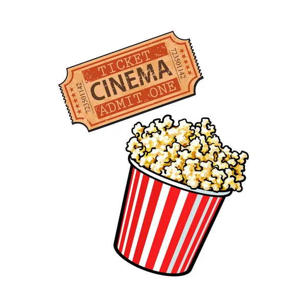 Objetos de cine - cubo de palomitas de maíz y ticket de estilo retro — Vector de stock