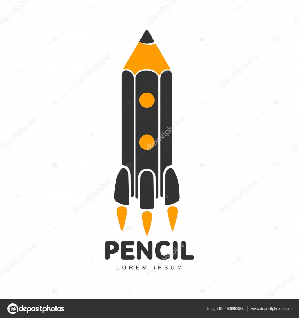 Modello tre logo colorato con la matita e razzo salendo verso lo spazio illustrazione vettoriale isolato su sfondo bianco Logo grafico disegno di logo