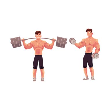 Man bodybuilder, weightlifter working out, training with barbell and dumbbell clipart