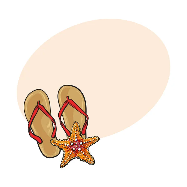 Pair of flip flops and starfish, symbols of beach vacation — Stock Vector