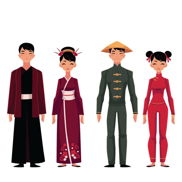 Conjunto de pessoas, homens e mulheres, em trajes tradicionais nacionais — Vetor de Stock