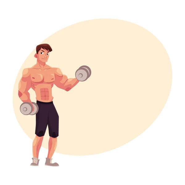 Culturista hombre, levantador de pesas haciendo ejercicio bíceps, brazos de entrenamiento con pesas — Vector de stock