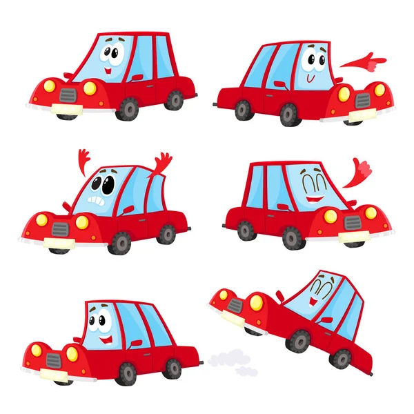 รถสีแดงน่ารักและตลก ตัวละครรถยนต์แสดงอารมณ์ที่แตกต่างกัน — ภาพเวกเตอร์สต็อก