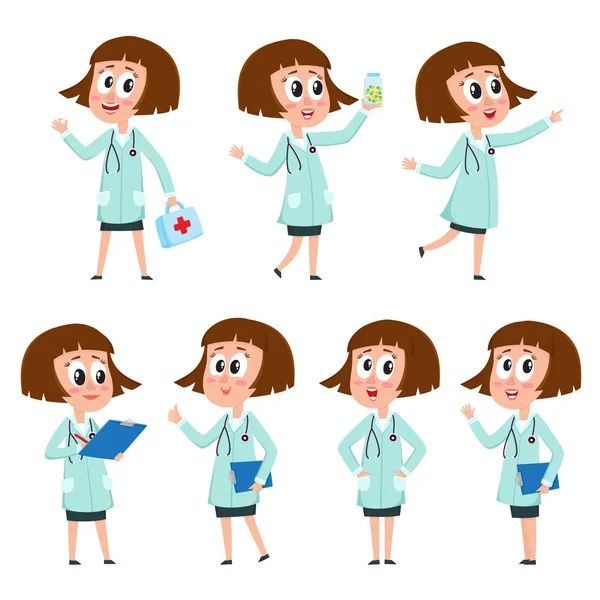 Κωμικό στυλ θηλυκό, γυναίκα γιατρός χαρακτήρα φορώντας λευκό παλτό ιατρική — Διανυσματικό Αρχείο