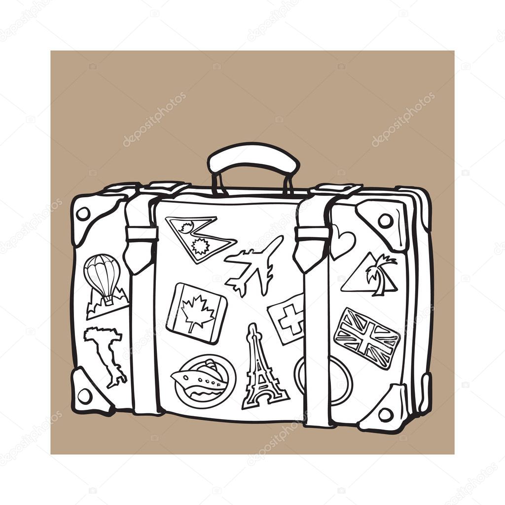 Hand drawn retro style travel suitcase with labels