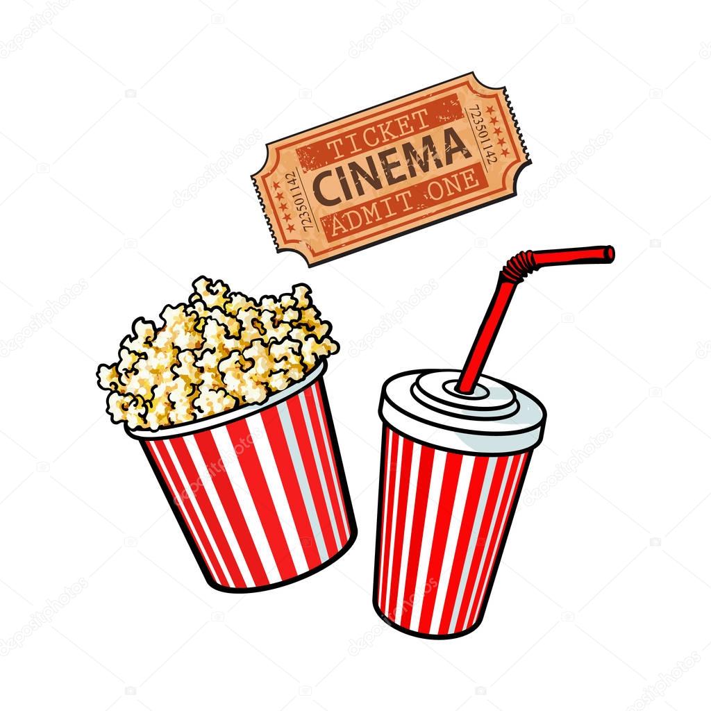 Cinema objects - popcorn bucket, soda water and retro style ticket
