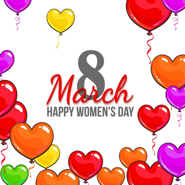 Día de la mujer, 8 Marzo tarjeta de felicitación, cartel, diseño de la bandera con globos en forma de corazón rojo y rosa — Vector de stock
