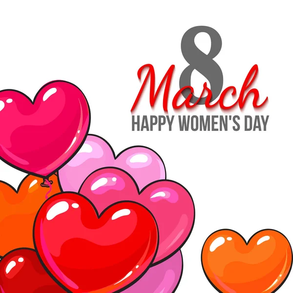 Día de la mujer, 8 Marzo tarjeta de felicitación, cartel, diseño de la bandera con globos en forma de corazón rojo y rosa — Vector de stock