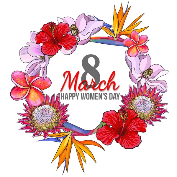Womens dag, 8 maart greeting card design met tropische bloemen — Stockvector