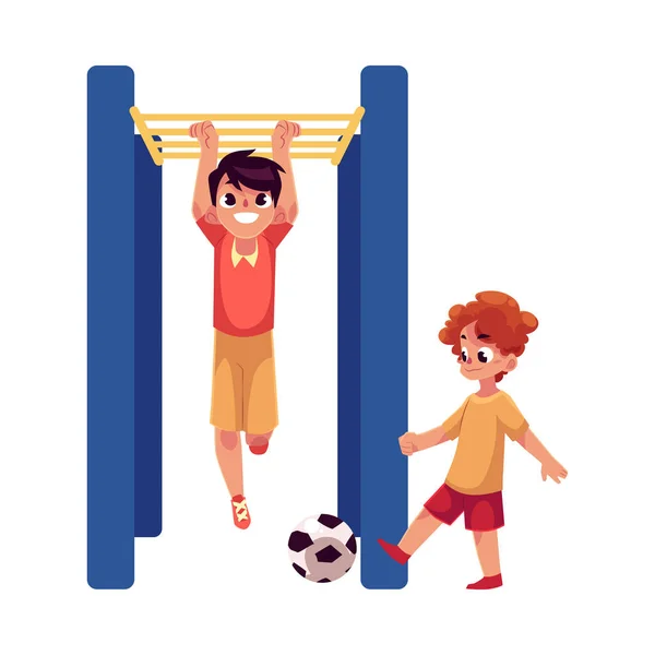 Dos chicos jugando al fútbol y colgando en la barra de mono en el patio de recreo — Vector de stock