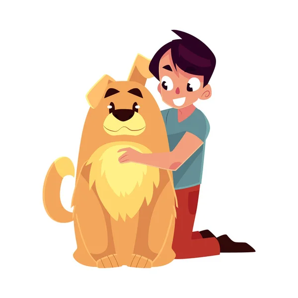 Liten pojke, barnet, kid med stor fluffig brun hund vän, kamrat — Stock vektor