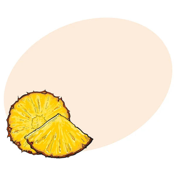 Oskalade runda och kil skuren ananas skivor, skiss vektorillustration — Stock vektor