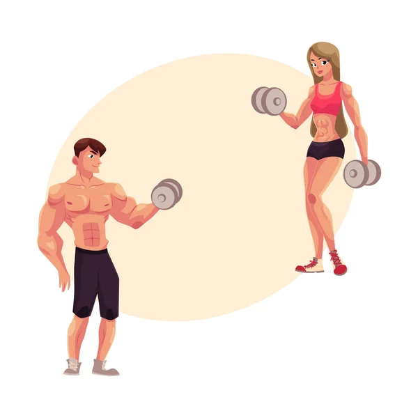 Man en vrouw bodybuilders, gewichtheffers uitwerken, training met halters — Stockvector