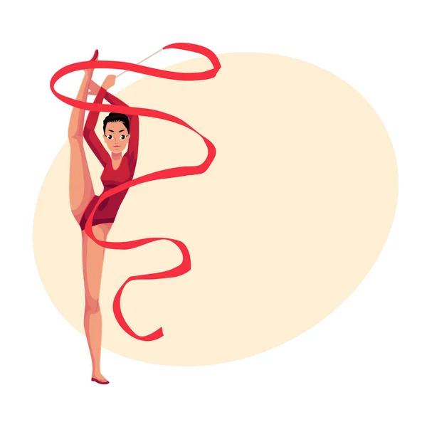 Girl standing in vertical leg split, rhythmic gymnastics with ribbon — Stock Vector