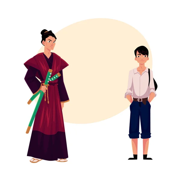 Povo japonês - samurai em traje histórico e estudante típico —  Vetores de Stock