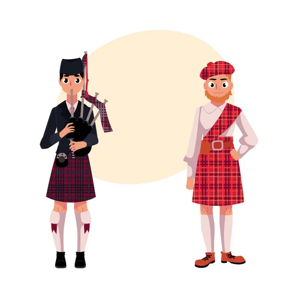 Dois escoceses em roupas nacionais, tartan boina e kilt —  Vetores de Stock