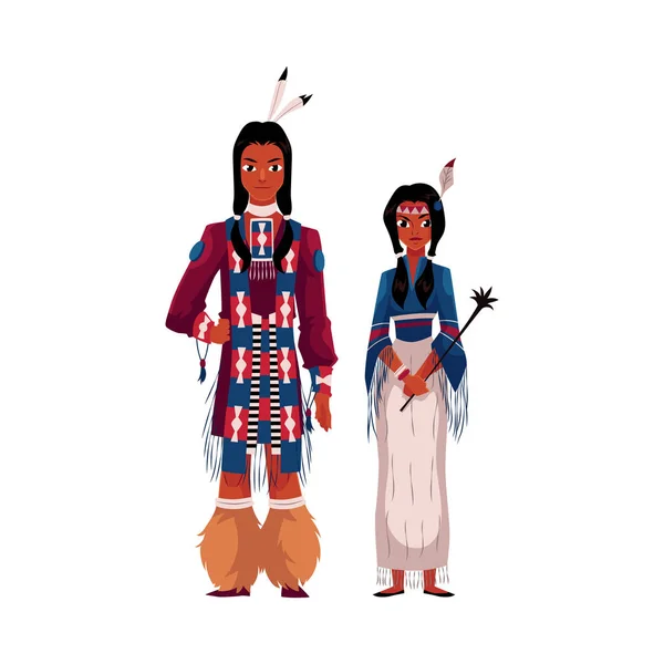 Native American Indian couple in traditional national clothes, fringed shirts — Stock Vector