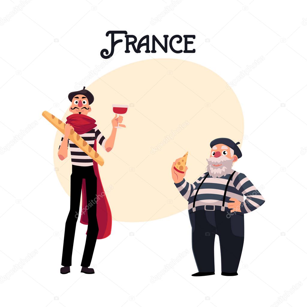 Two French mimes, young and old with symbols of France