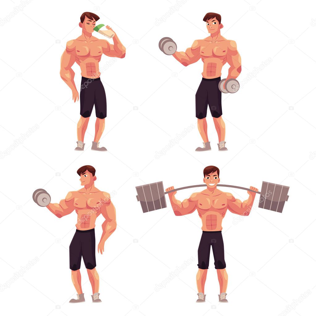 Man, male bodybuilder, weightlifter working out with barbell and dumbbell