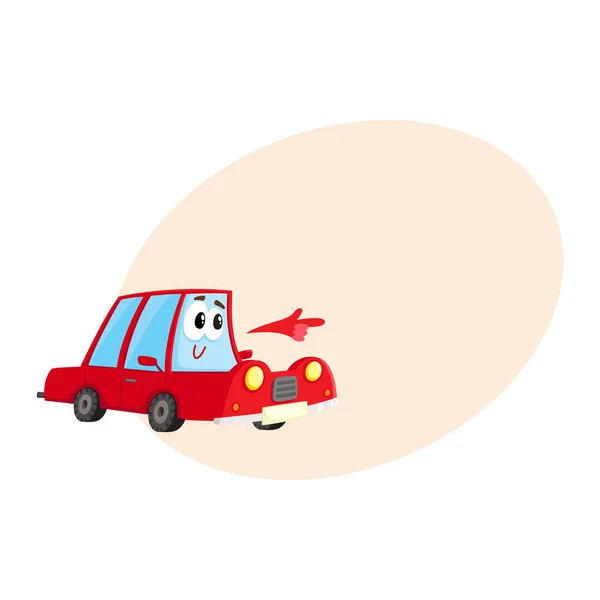 Caráter vermelho do carro apontando para algo com a mão — Vetor de Stock