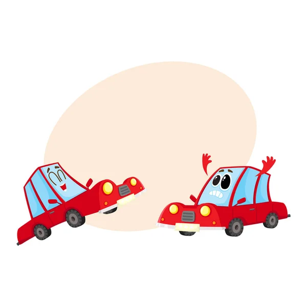 Two red car characters, one dismayed and despaired, another laughing — Stock Vector