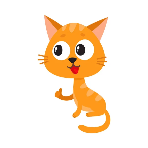 Carino e divertente personaggio gatto rosso seduto e mostrando pollice in su — Vettoriale Stock