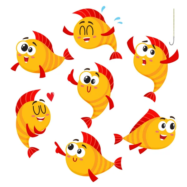 Golden, yellow fish characters with human face showing different emotions — Stock Vector