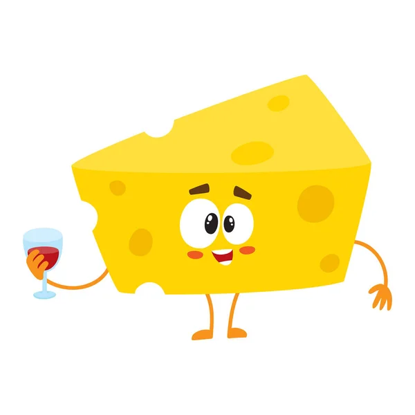 Lindo y divertido carácter trozo de queso sosteniendo vaso de vino — Vector de stock