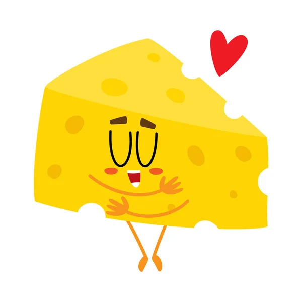 Lindo y divertido personaje de queso trozo mostrando amor, abrazándose a sí mismo — Archivo Imágenes Vectoriales