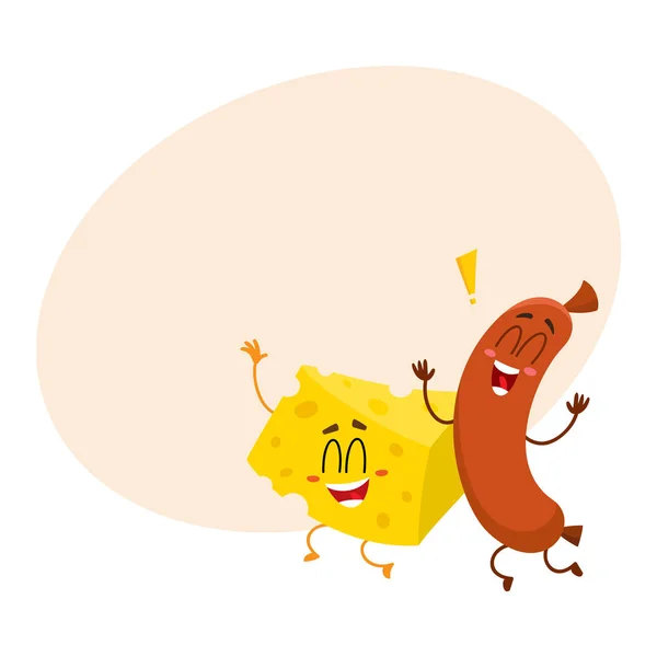 Frankfurter salchicha y queso trozo personajes bailando felizmente juntos — Archivo Imágenes Vectoriales