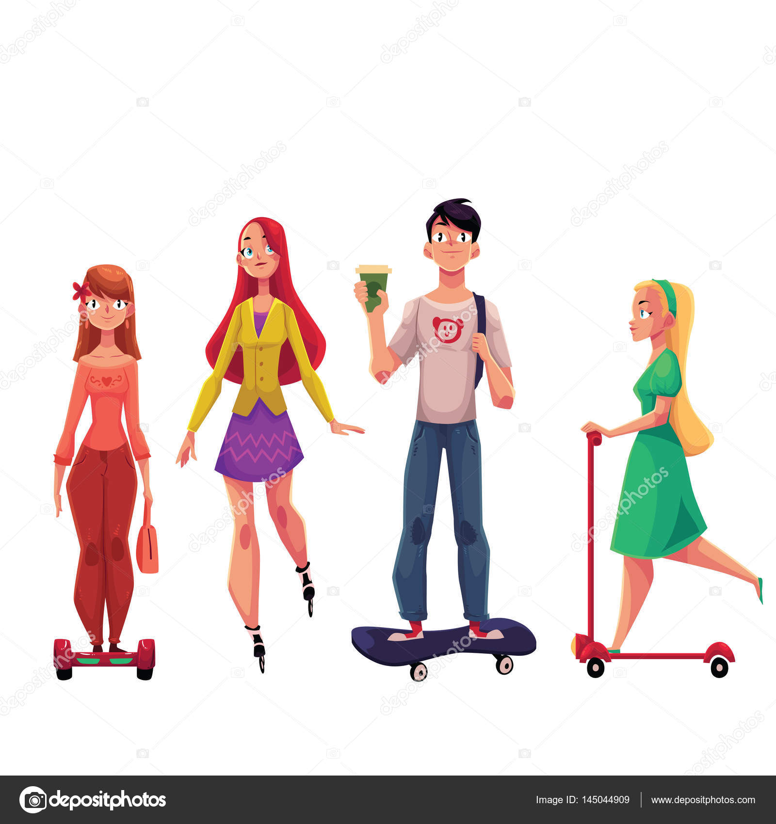 Young People Riding Scooter Gyroscooter Skateboard Roller Skates Urban Lifestyle Concept Cartoon Vector Illustration Isolated On White Background Young People Riding Scooter Gyroscooter Skateboard Roller Skates Urban Lifestyle Concept Cartoon Vector Illustration Isolated On White Background