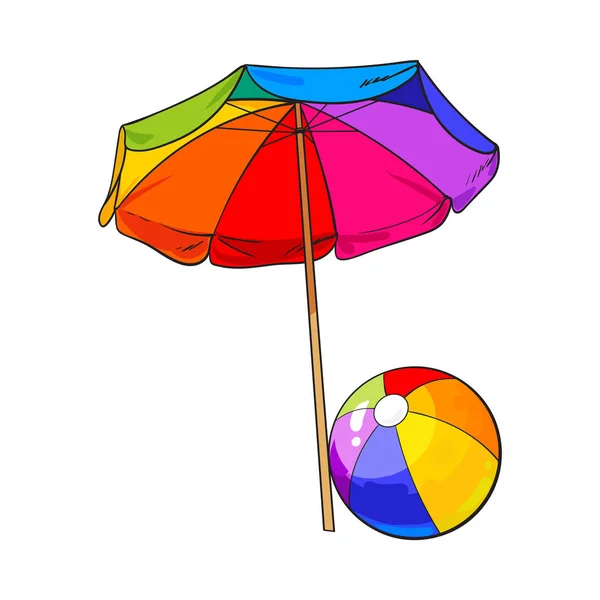 Rainbow colored, open beach umbrella and inflated ball — Stock Vector
