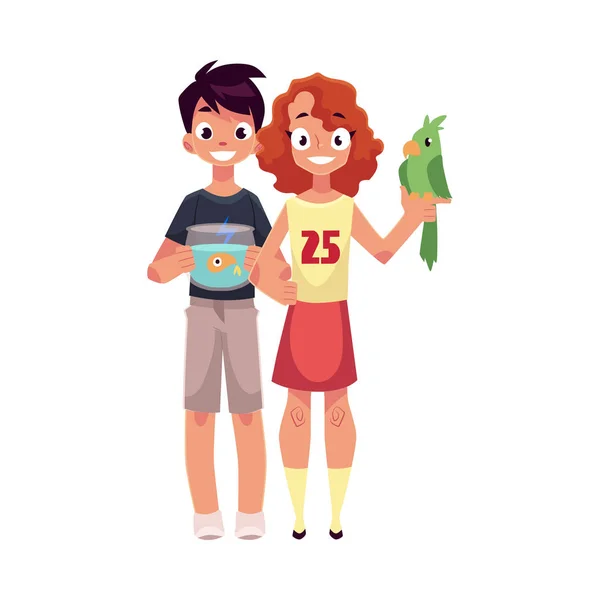 Κοπέλα που κρατά το πράσινο παπαγάλος και αγορι με ενυδρείο, ψάρια μπολ — Διανυσματικό Αρχείο