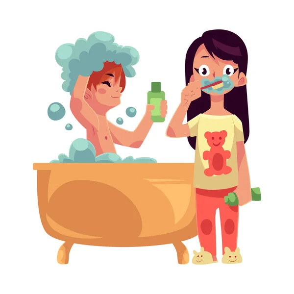 少年が歯を磨いてパジャマにお風呂、洗髪、女の子を撮影 — ストックベクタ