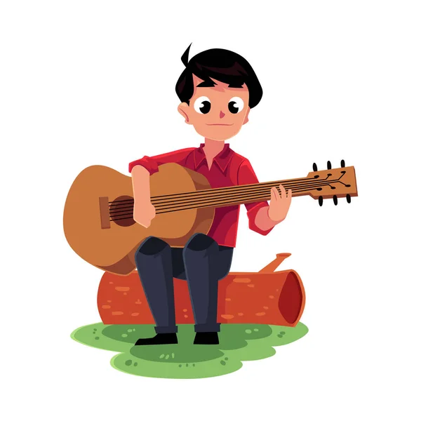Menino tocando guitarra sentado em um log, camping, conceito de caminhadas — Vetor de Stock