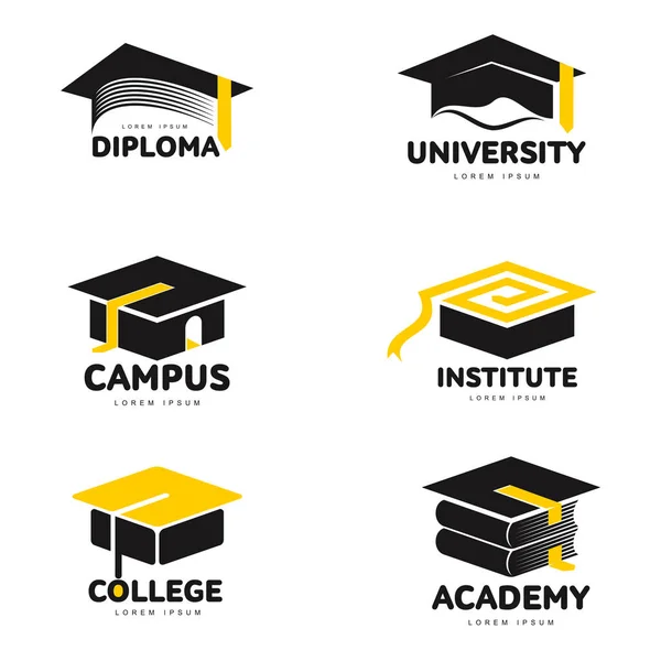 Graphic, black and white square academic, graduation cap logo templates — Stock Vector