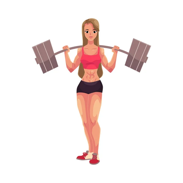 Mujer joven, mujer fisicoculturista, levantador de pesas haciendo ejercicio con barra — Archivo Imágenes Vectoriales