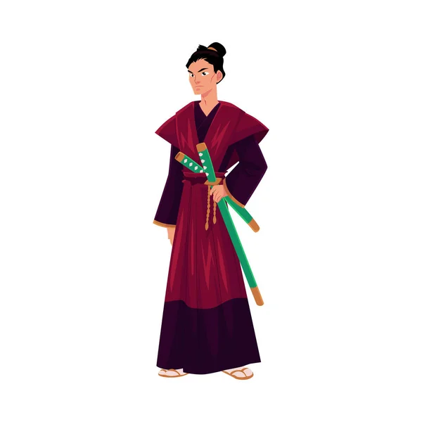 Japanese samurai, warrior in traditional kimono with katana swords — Stock Vector