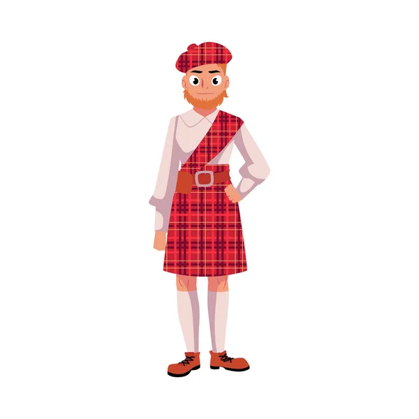 Homem escocês em roupas nacionais, tartan vermelho boina e kilt —  Vetores de Stock