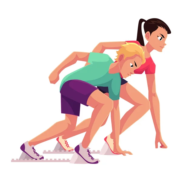 Couple of runners, sprinters ready to start, running blocks — Stock Vector