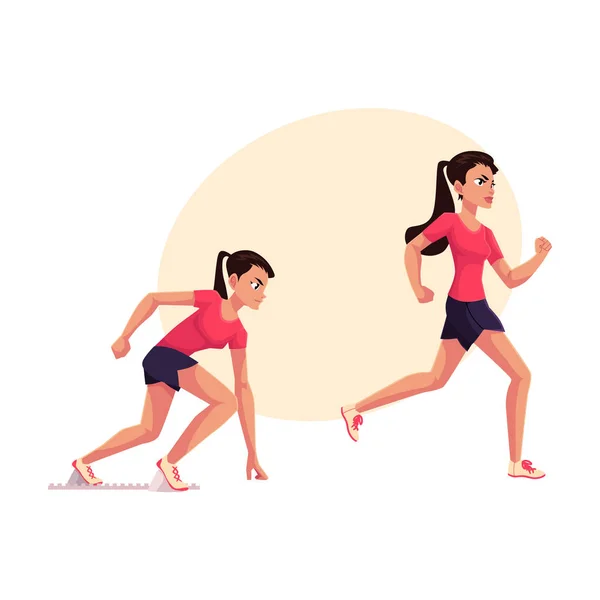 Sprinter, vrouwelijke loper, jogger, klaar om te starten en lopende — Stockvector