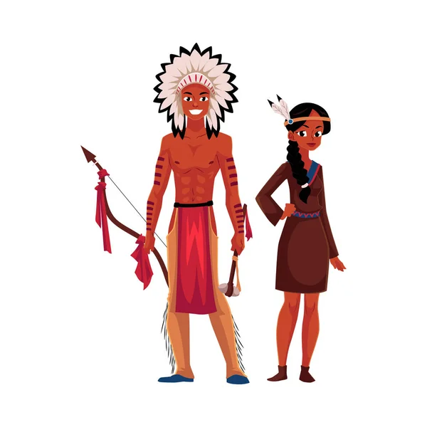 Casal indiano nativo americano em vestido de pele de fivela tradicional e breechcloth — Vetor de Stock